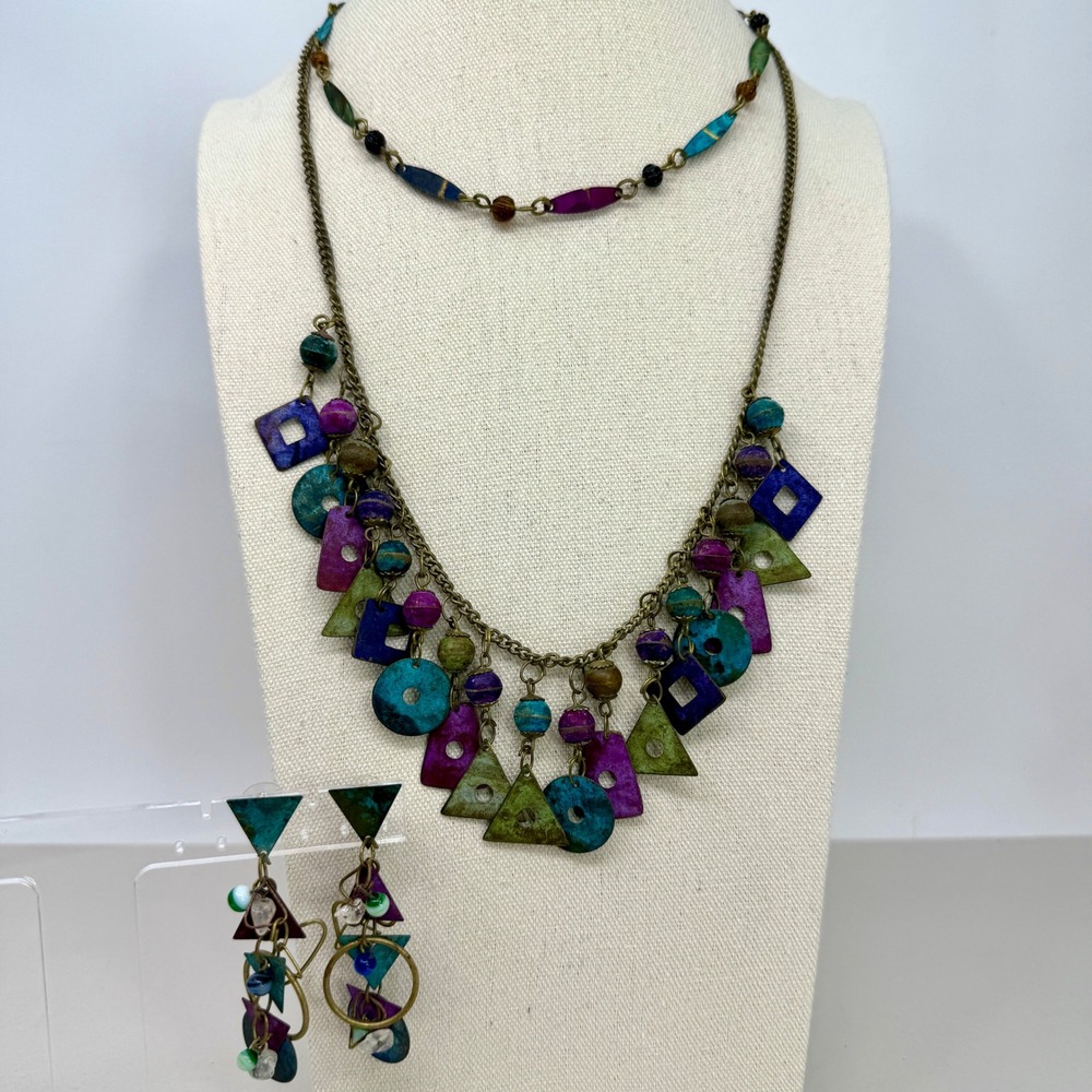 Painted Metal Bib Necklace‎ & Dangle Earrings Jewelry Set of 3 Vintage 80s